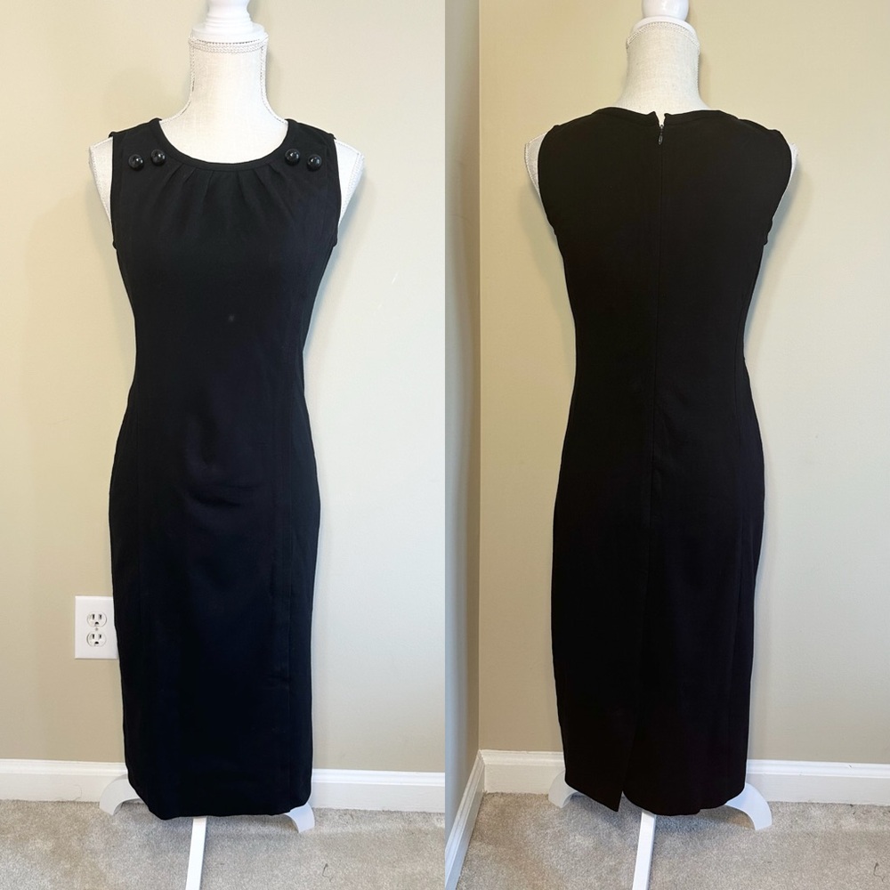 Talbots 2 Black Dress Sleeveless Midi Button Detail Zip Sheath Career Church
